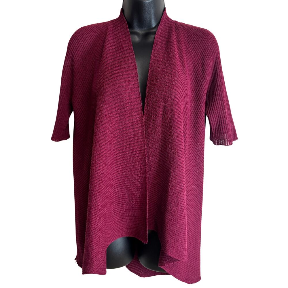 Eileen Fisher L 100% Wool Open Cardigan Burgundy Rib Knit Short Sleeve Women EUC